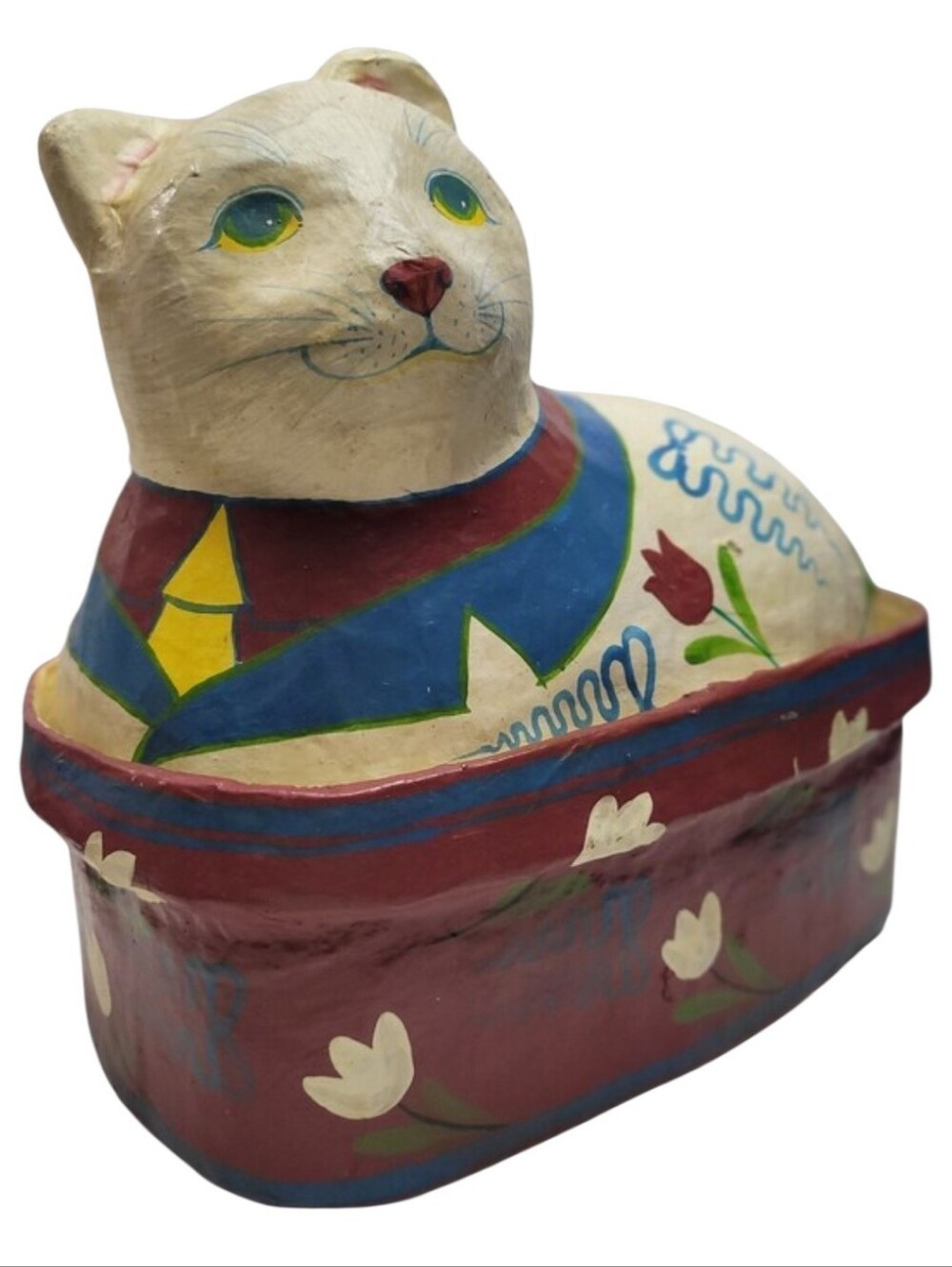 Highly Collectible Vintage Folk Art Paper Mache Cat Figure Trinket Box